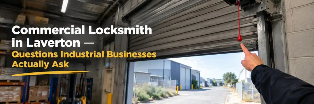 Commercial locksmith inspecting a roller shutter door at an industrial property in Laverton