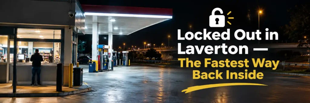 Person waiting outside a brightly lit service station at night after being locked out in Laverton