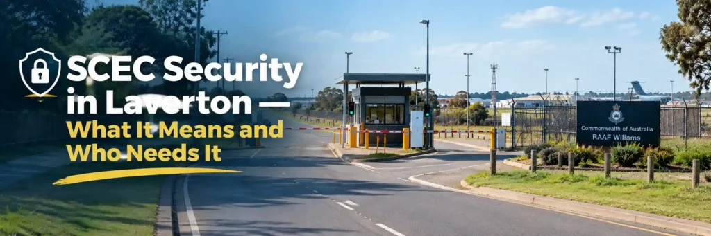 Secure facility entrance in Laverton with controlled vehicle access, security fencing and SCEC security title overlay
