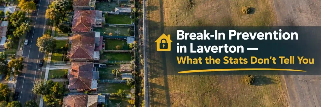 Aerial view of Laverton residential homes and surrounding open land with a break-in prevention title overlay